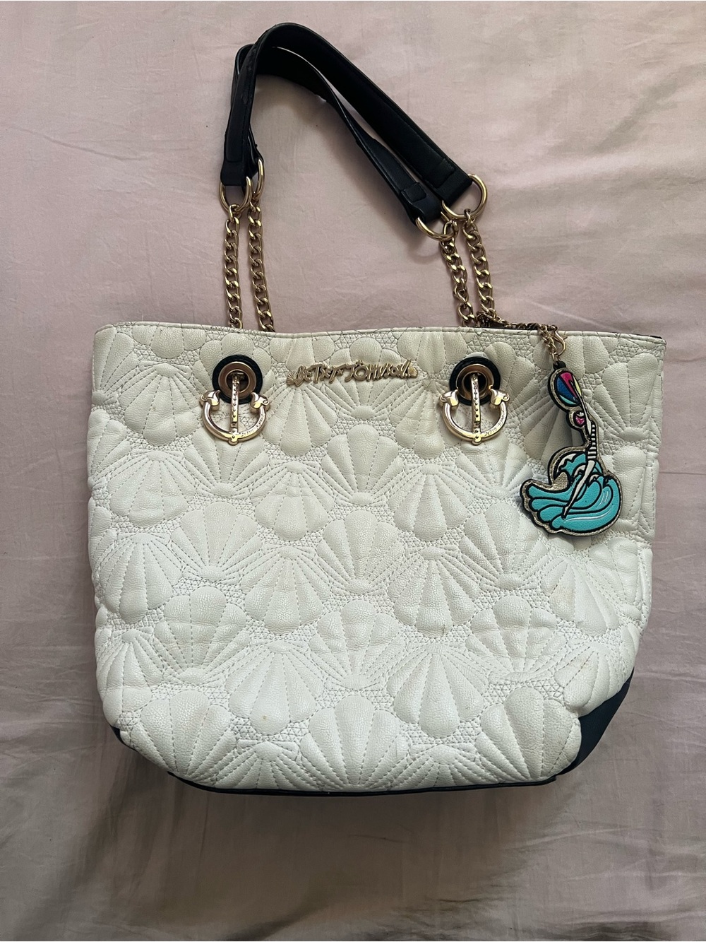 Betsey Johnson Seashell Cream Quilted Tote with Gold Hardware